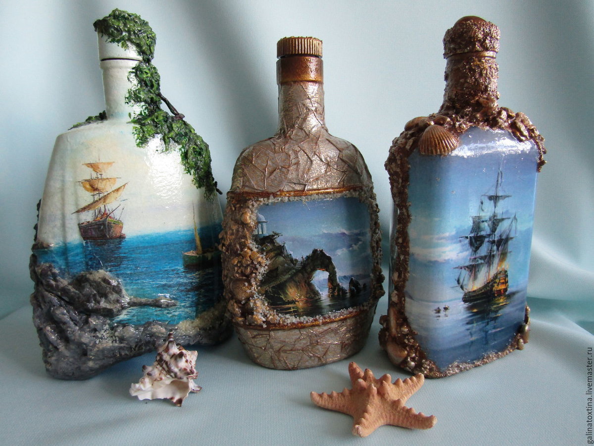 Декупаж бутылок в морском стиле. декоративная бутылка «воспоминания о море