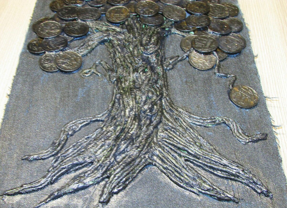 Картина панно рисунок мастер-класс аппликация из скрученных жгутиков денежное дерево - мастер-класс камень клей кожа краска материал бросовый монета салфетки