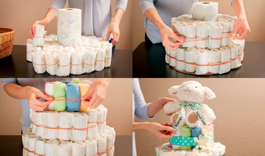 Как сделать торт из памперсов для мальчика и девочки своими руками: собираем подарок из подгузников для новорожденных (видео + фото)