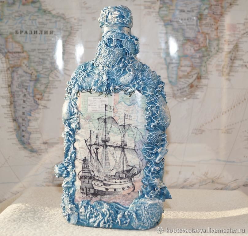Декоративная бутылка «воспоминания о море. как украсить бутылку в морском стиле – декор своими руками обратный декупаж бутылки в морском стиле