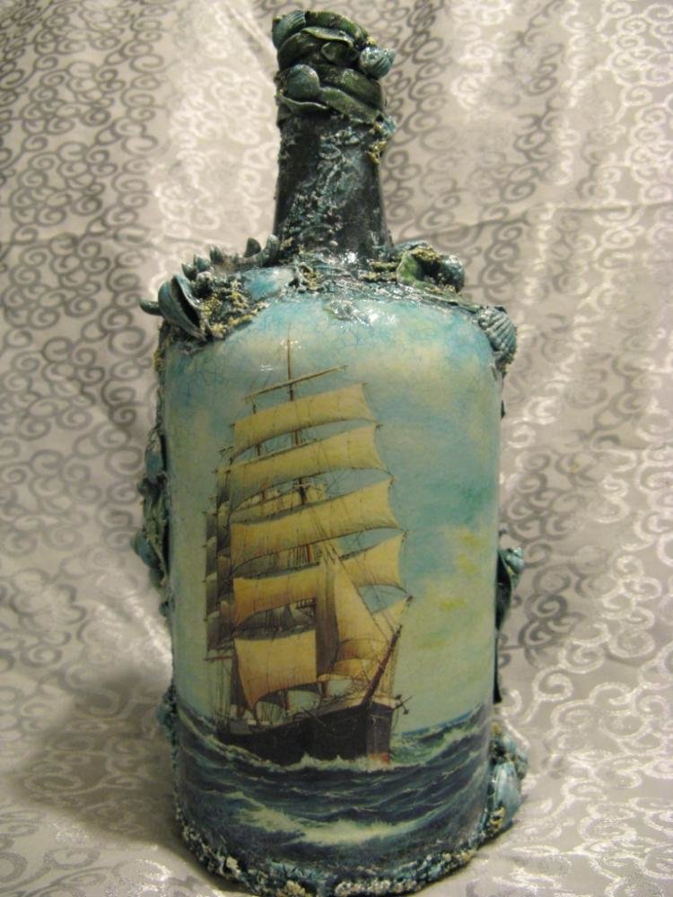 Декорирование бутылки в морском стиле. декоративная бутылка «воспоминания о море