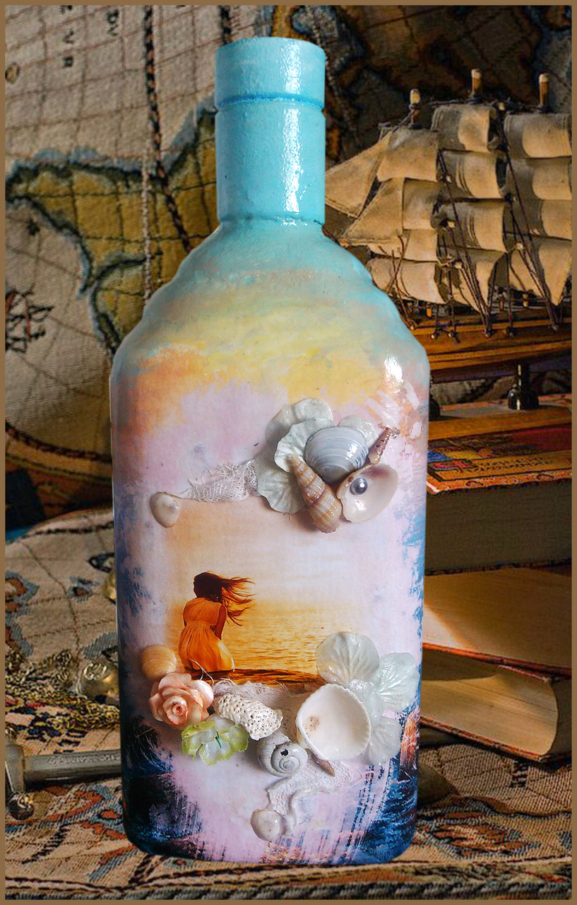 Как оформить бутылку в морском стиле. декоративная бутылка «воспоминания о море