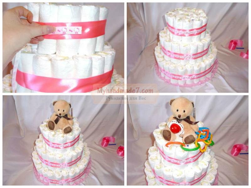 Свит-дизайн упаковка подарка день рождения моделирование конструирование торт из памперсов со сладким дополнением бумага гофрированная ленты