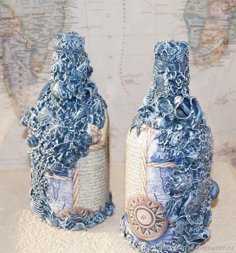 Декор изделия в морском стиле в технике декупаж. декоративная бутылка «воспоминания о море декупаж бутылок скорлупой в морском стиле